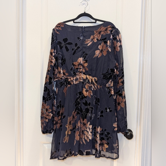 NWT Lulus Navy Blue Floral Burnout Velvet Long Sleeve Mini Dress XXL Party - Picture 2 of 10